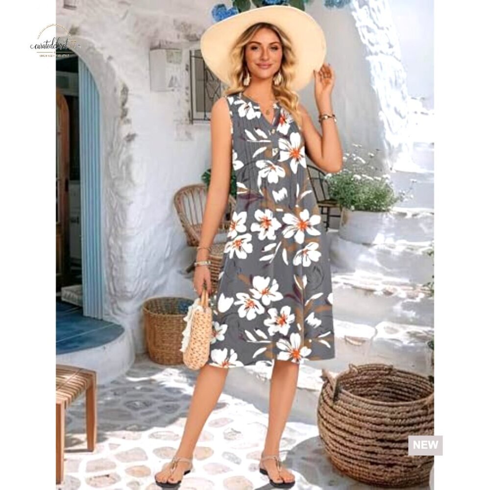 Sleeveless Midi Sundress with Pockets, V-Neck, Pleated A-Line - Picture 2 of 7